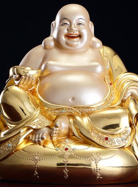 新品弥勒佛菩萨大肚笑佛招财摆件台D湾全铜贴金手工镶宝客厅供奉