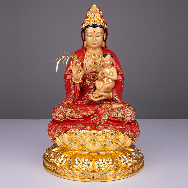 新品全铜送子观音菩萨手工贴金琉晶彩绘坐L莲花观音佛像家用供奉