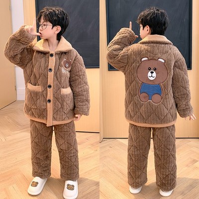 极速冬季儿童三层夹棉q睡衣男童珊瑚绒加绒加厚款冬天保暖法兰绒