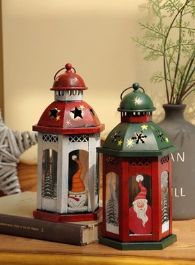 极速欧式复古圣诞节铁q艺玻璃烛台手提风灯蜡烛防风提灯家用装饰