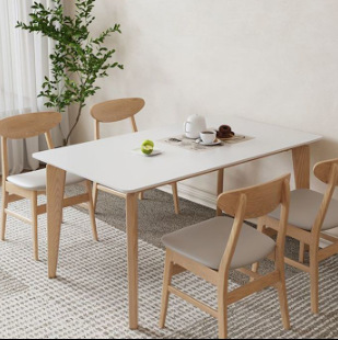 极速白蜡木原木色实木餐桌日式奶油风家I用小户型长方形白色岩板