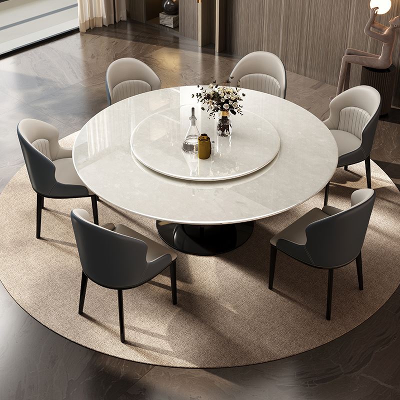 极速极简天然小冰玉大理石圆形餐桌带转盘白蜡木S现代实木餐桌椅