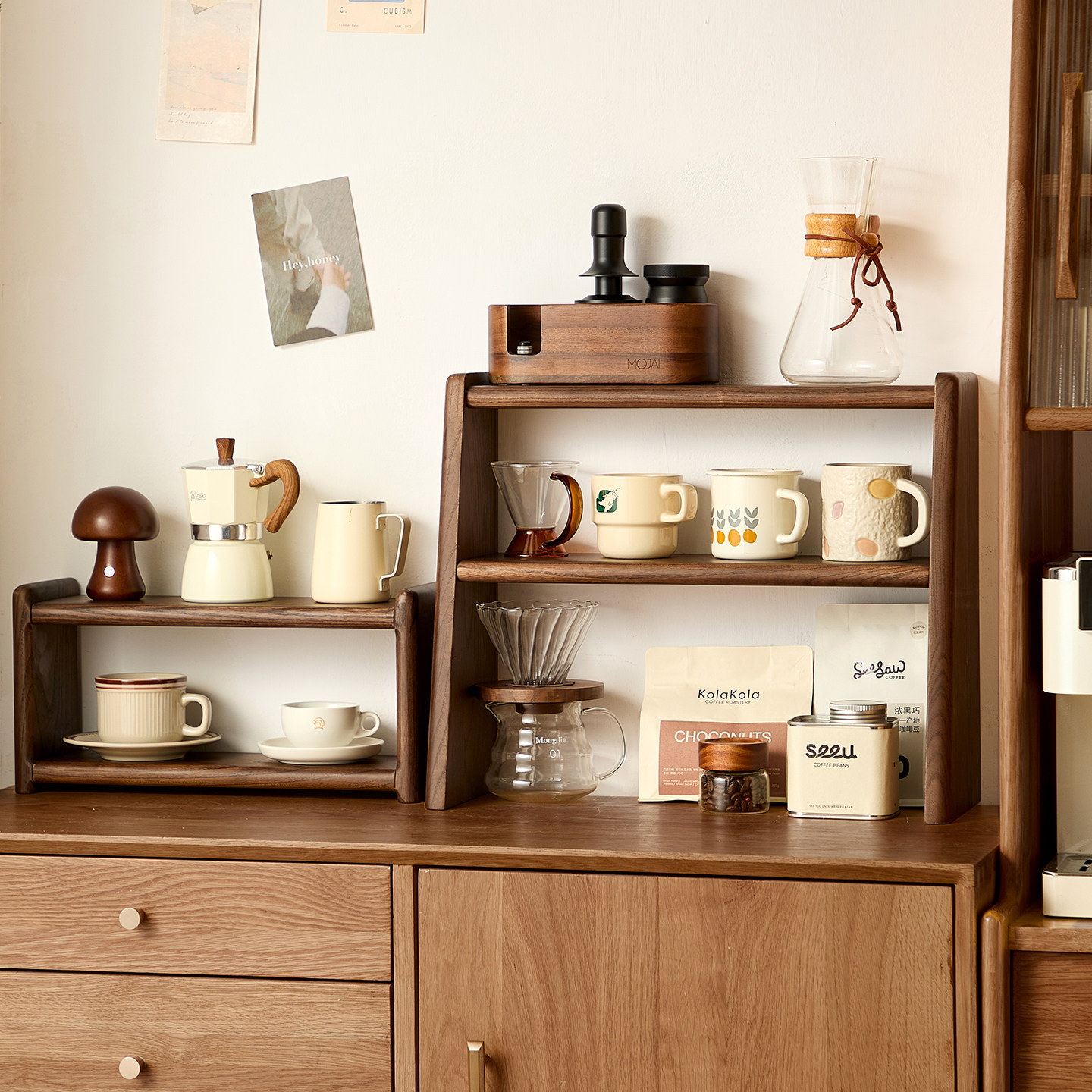 实木桌面置物架咖啡机收纳架茶具手冲咖啡角杯子台面博古架木质