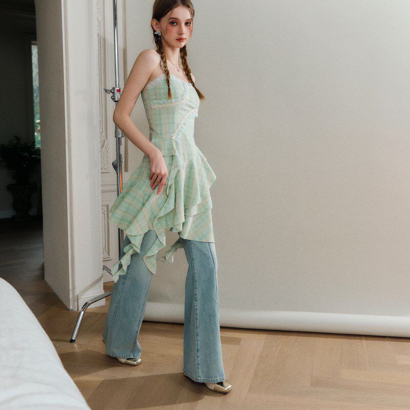 速发LE山海 薄规花波连衣裙薄荷绿设计碎曼抹胸不荷则裙子高级感