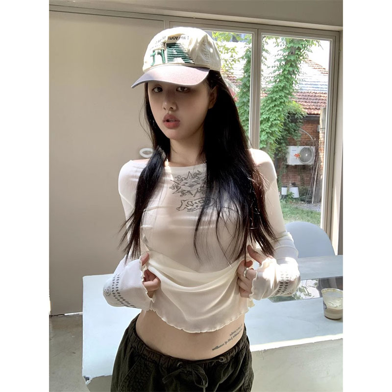 速发甜妹微辣~辣妹袖网长纱T恤设计感木耳边打底上衣