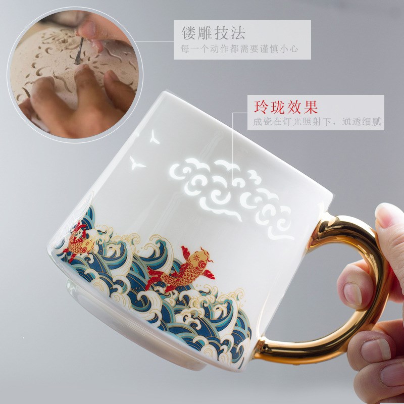 速发景德镇玲珑茶杯陶瓷办用手绘描金过滤泡杯茶水分离家公会议水