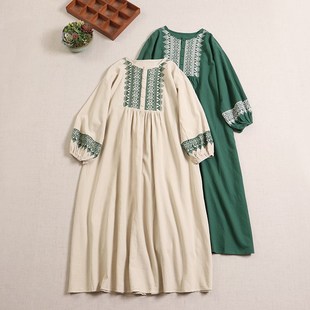 百搭大摆裙 宽袖 速发日单裙森系刺绣纯棉长松连衣裙春款 新季