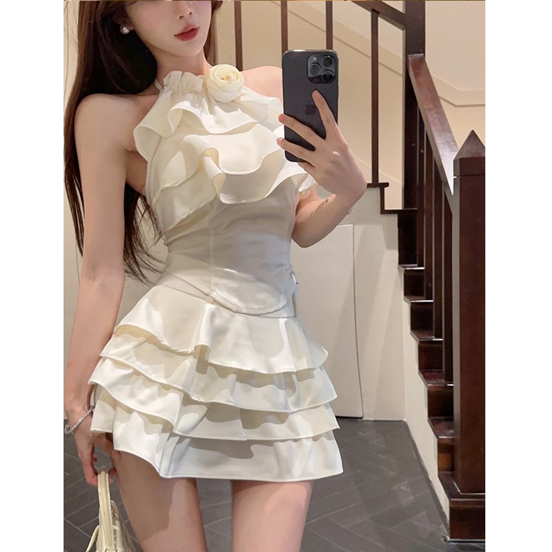 速发夏装搭吊一整套时尚套装辣妹挂脖配带上衣蛋糕裙两身裙子半件