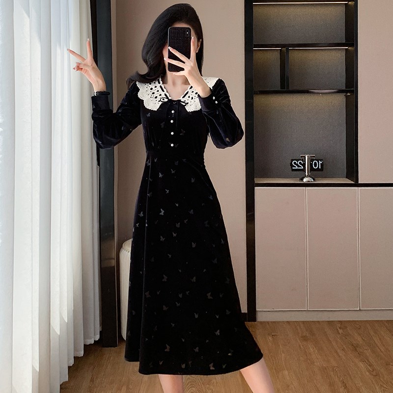 速发名媛轻奢丝绒服衣裙子秋款晚级感气质内搭高礼连长裙