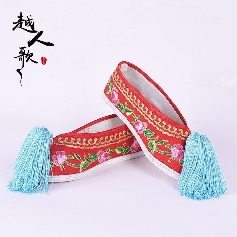 速发越人歌 戏曲花旦古装鞋绣花鞋秀禾鞋 三义斋布底牡丹花平底彩