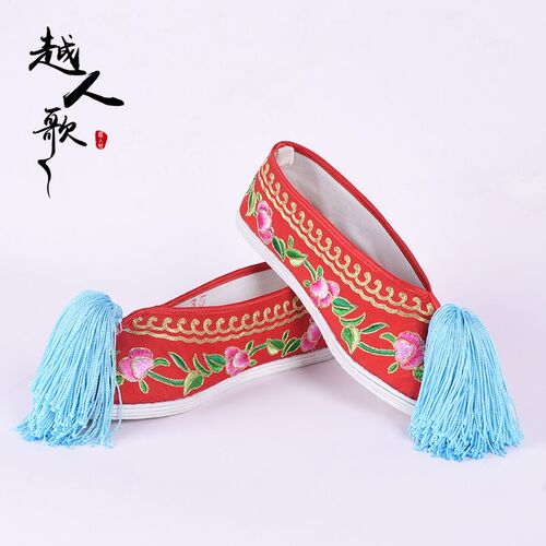 速发越人歌 戏曲花旦古装鞋绣花鞋秀禾鞋 三义斋布底牡丹花平底彩
