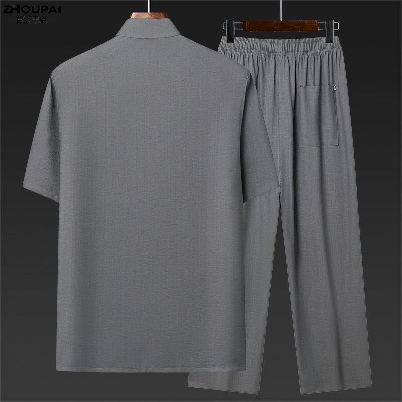 速发中老年人唐装男爸爸夏装新中式国风亚麻套装爷爷夏季休闲衣服