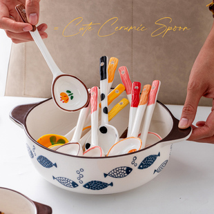 速发勺子家用可爱小汤勺儿童吃饭羹匙瓷调汤小勺子长柄单个商用