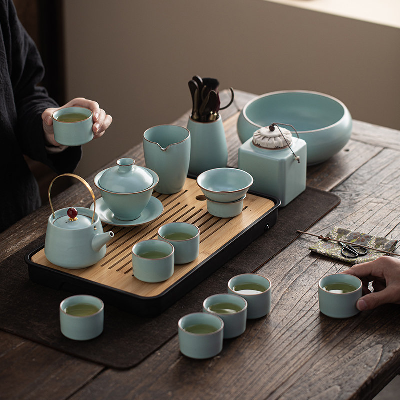 速发天青汝窑功夫茶具套装家用办公轻奢高档茶壶茶杯盖碗礼盒公司