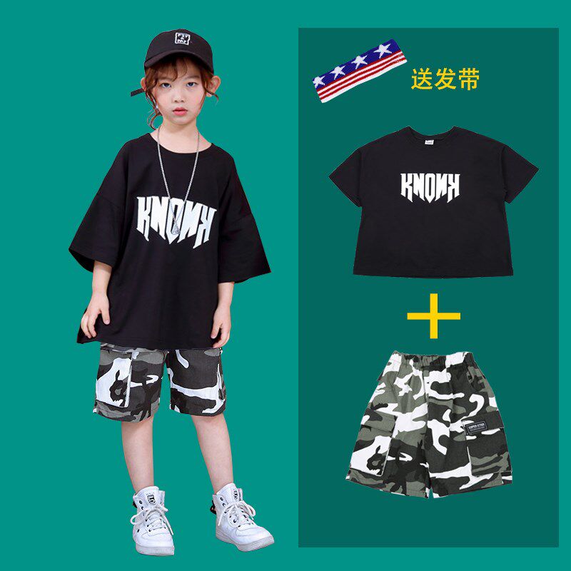 儿童迷彩街舞套装嘻哈男女童爵士舞服装纯棉中小学生架子鼓演出服