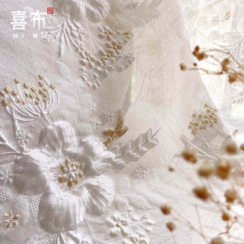 极速优雅金丝白色花蒲公英新娘浪漫浮雕立体提花布料剪花欧根纱提