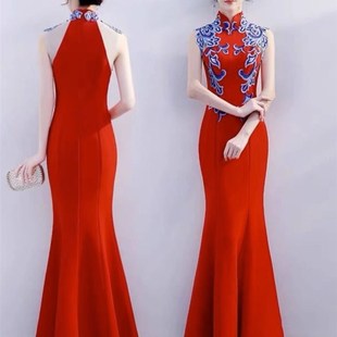 白色旗袍佳丽模特走秀演出鱼尾少女长款改良中国风晚礼服夜店ktv