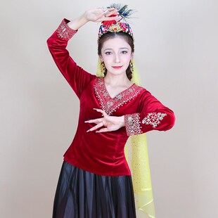 新款新疆舞蹈演出服民族风秋冬女打底衫广场舞上衣维族舞表演服装