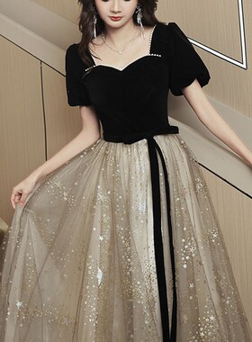 法式晚礼服黑色轻奢小众高端主持人宴会气质成人礼女学生日连衣裙