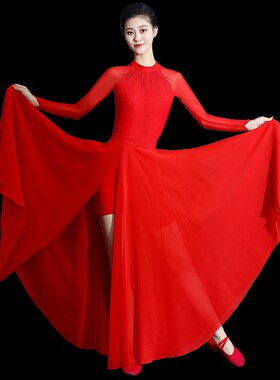 红色开场舞大摆裙演出服女现代舞灯火里的中国舞蹈服装气质连衣裙