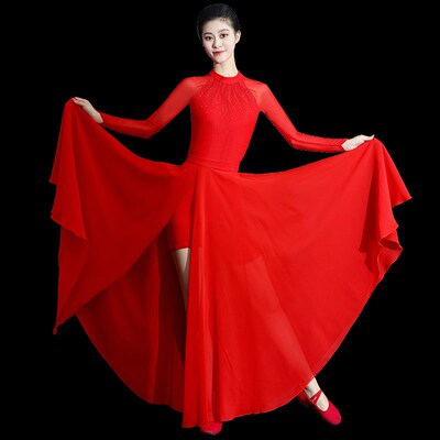 红色开场舞大摆裙演出服女现代舞灯火里的中国舞蹈服装气质连衣裙