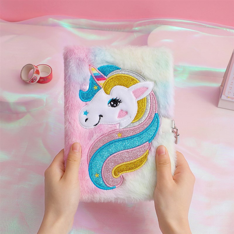 极速Unicorn卡通独角兽带锁毛绒笔记本学生可爱日记本儿童礼物本