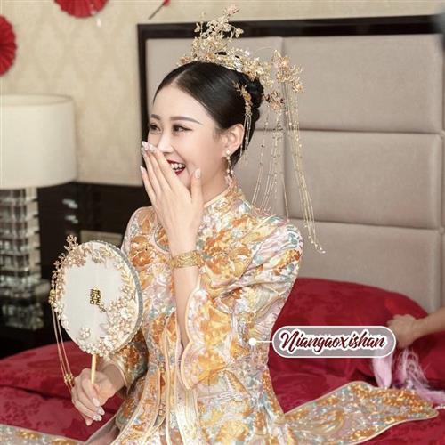 【年糕喜扇】秀禾婚礼团扇新娘中式手捧花结婚扇子蓝色遮面扇