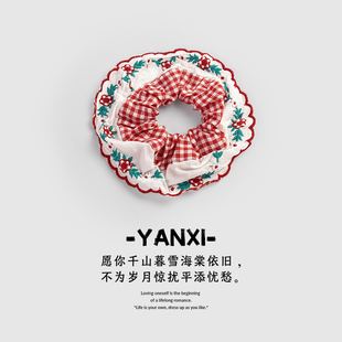 复古红格子花边大肠发圈女发量少扎头发头绳发绳春天发饰头饰皮筋