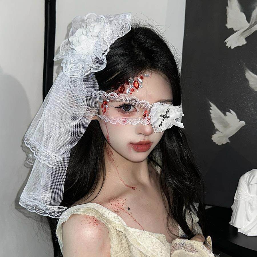 万圣节cos鬼新娘装扮发饰白色蕾丝头纱发夹暗黑风网纱花朵头饰女