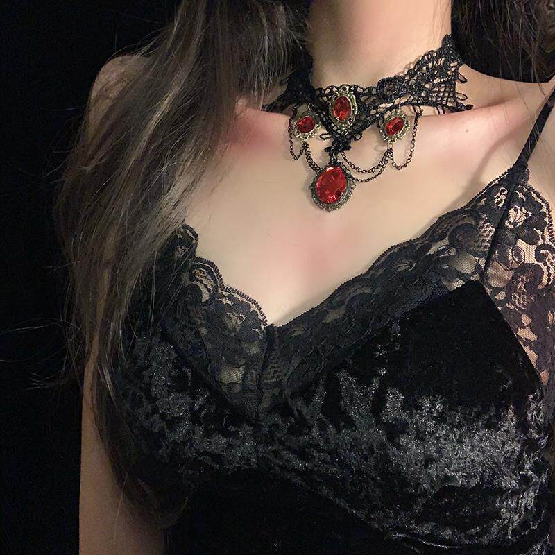 万圣节哥特项链暗黑红宝石项圈蕾丝choker女流苏颈链颈带夸张配饰