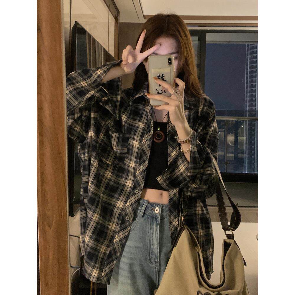 秋季美式复古长袖格子衬衫女士中长款外穿春秋款小个子衬衣外套潮
