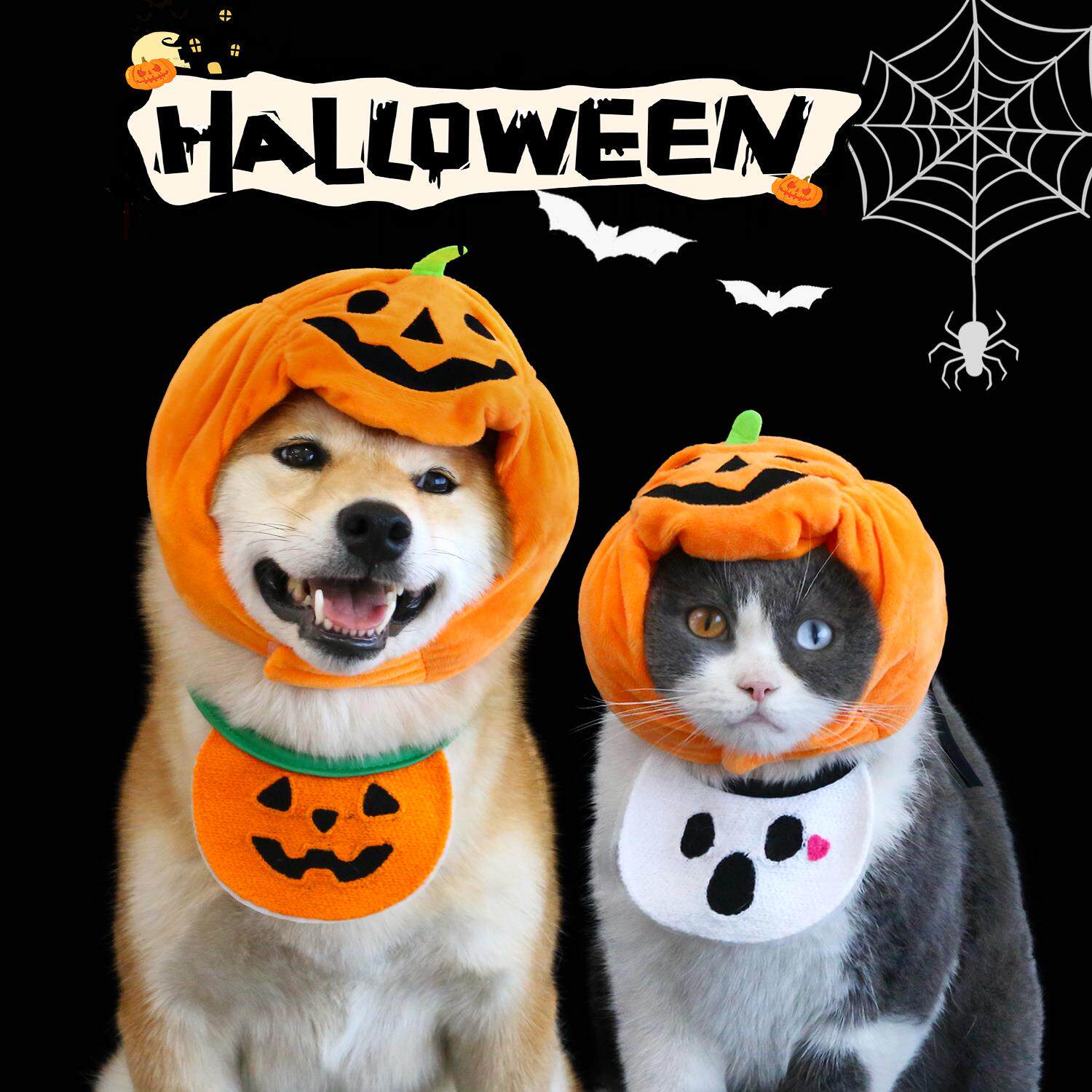 宠物猫咪狗狗万圣节南瓜帽幽灵围兜套装卡通毛绒头套摄影道具装扮
