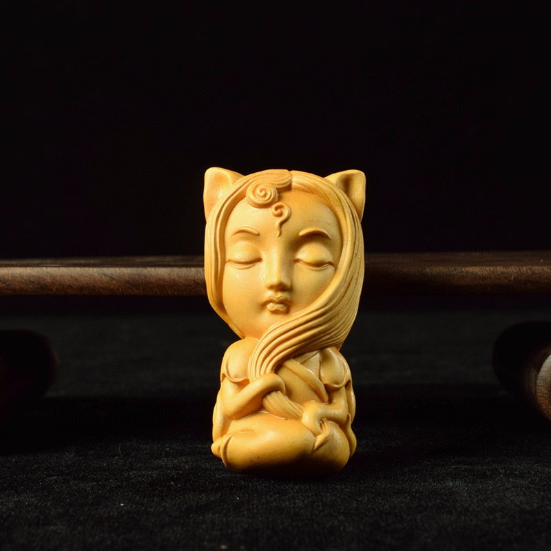 速发黄杨木雕九尾狐随身文玩摆木雕刻工艺品狐面男装饰桌狸小实件