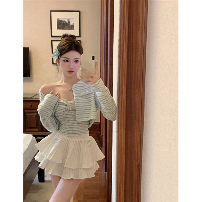 速发法式气质别致条纹裙套+外蝶结抹胸+百褶蛋糕蝴时尚套装秋