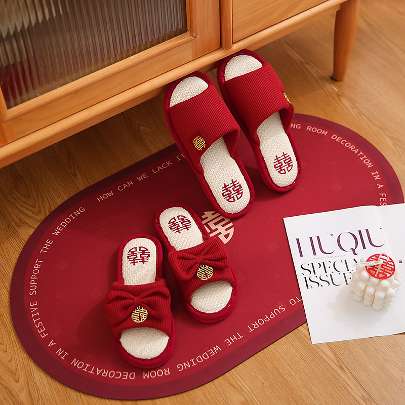 速发结婚拖郎喜庆红色一对情侣婚礼鞋新新娘陪嫁拖鞋高档婚庆用品