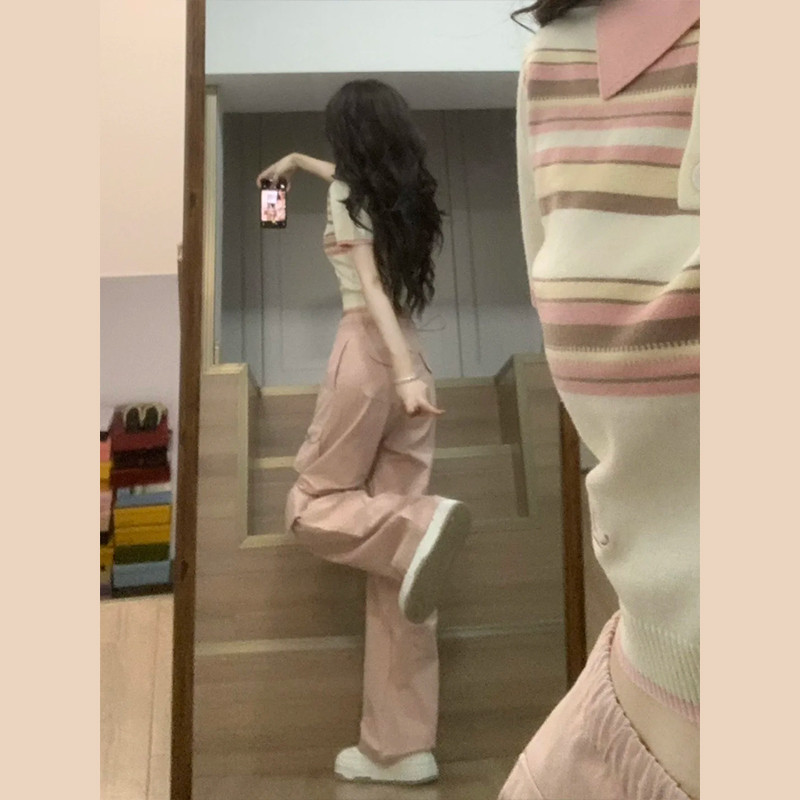 速发春式休美粉色工装阔腿裤子闲休闲裤