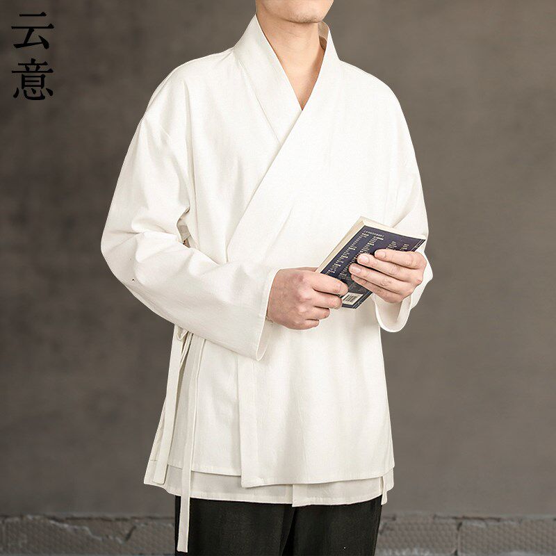 速发春斜襟汉服男装唐国假风两件中装古风道袍禅意居士服中式外套