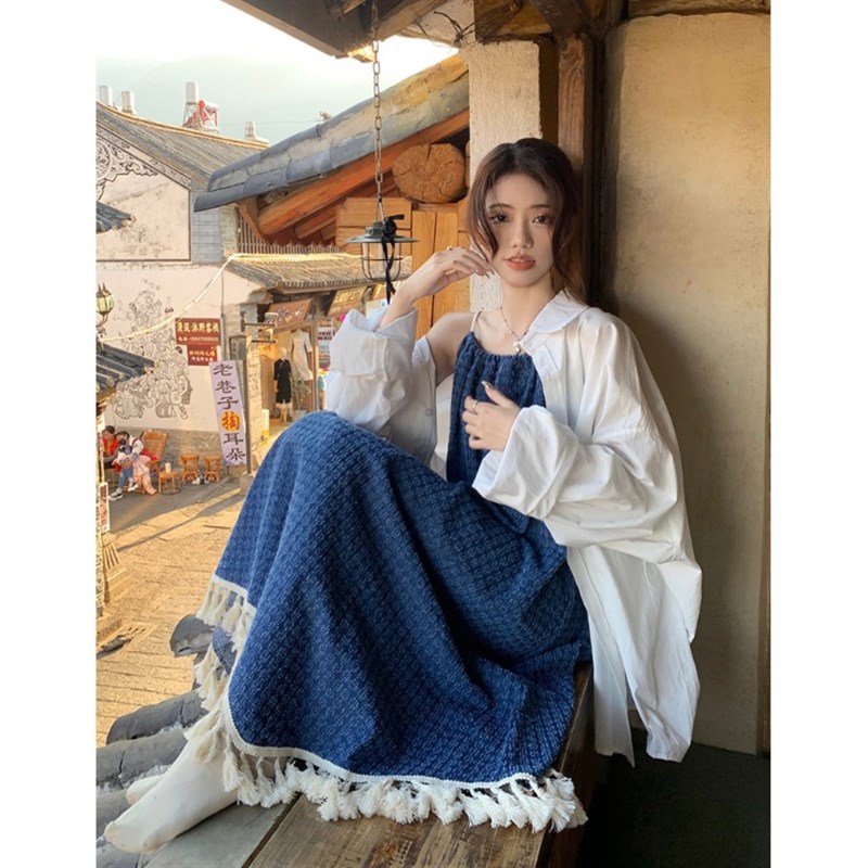 速发大码亚季色吊云连衣裙2024夏蓝带南穿搭度假风流苏沙滩裙