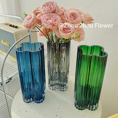 速发高级感轻奢原色玻璃花瓶透明水养玫瑰百贵合富竹高颜值摆件装