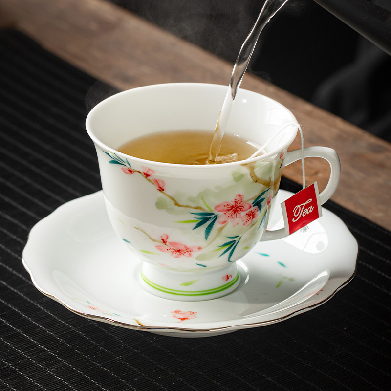 速发陶瓷下绘桃花咖啡杯午杯托高档精致喝茶杯手带茶餐具茶具