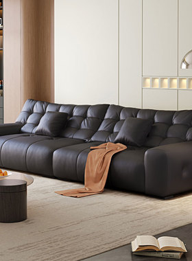 意式极简大黑熊沙发客厅轻奢风直排沙发大小户型黑色头层牛皮沙发