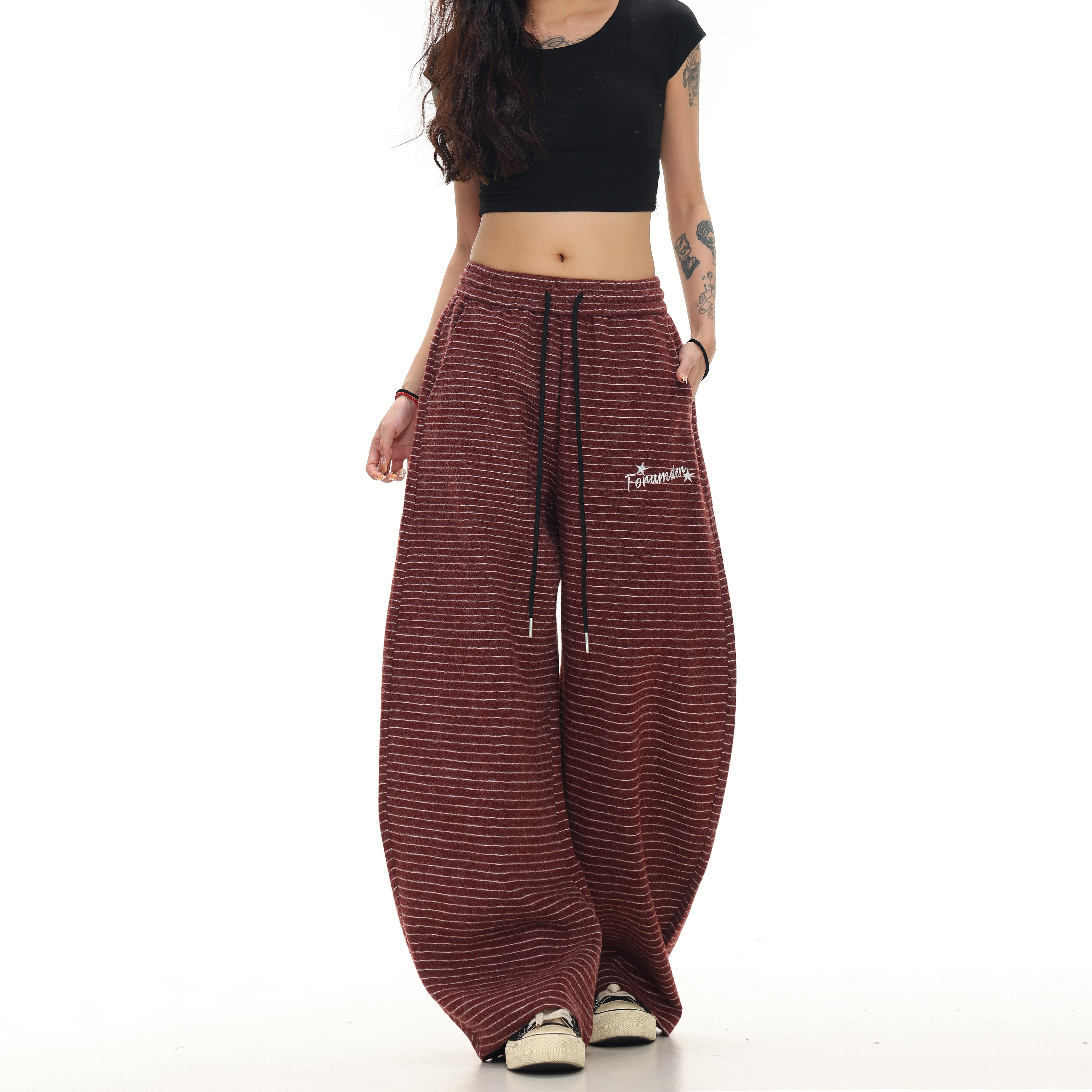 MAX ME条纹休闲裤垂感慵懒松弛感裤子2025新款秋冬阔腿宽松卫裤