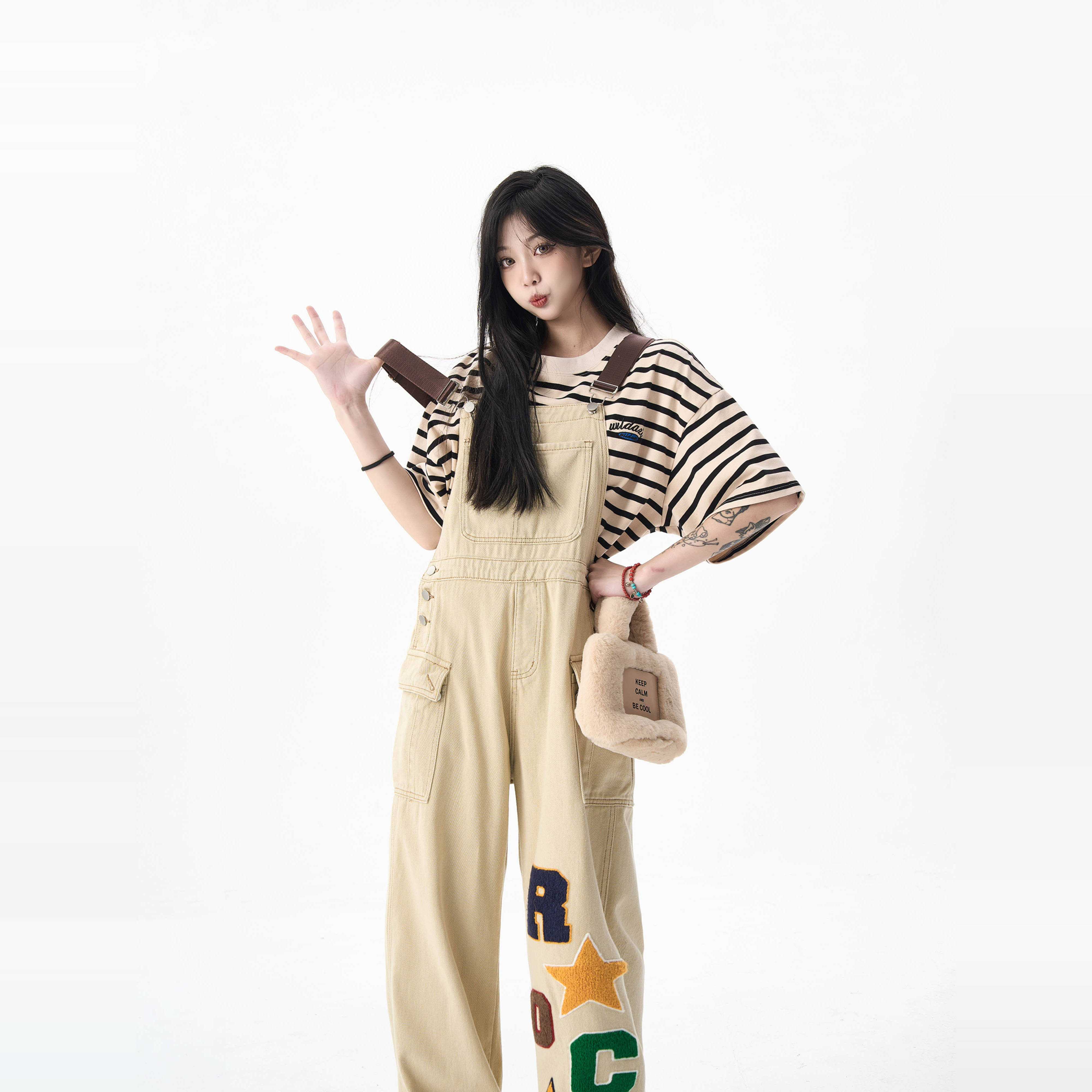 MAXME美式字母绒刺绣牛仔背带裤