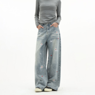 MAX ME抓痕猫咪刺绣牛仔裤男女夏季宽松休闲情侣阔腿垂感裤子