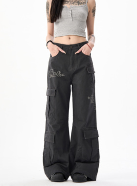 MAX ME美式潮牌多口袋工装裤男女硬挺感印花宽松阔腿休闲裤跨境