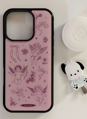 lilydaily韩国代购“复古粉色小天使”黑边滴胶手机壳适用于iPhone16Promax创意苹果15pm小众14Pro个性13防摔