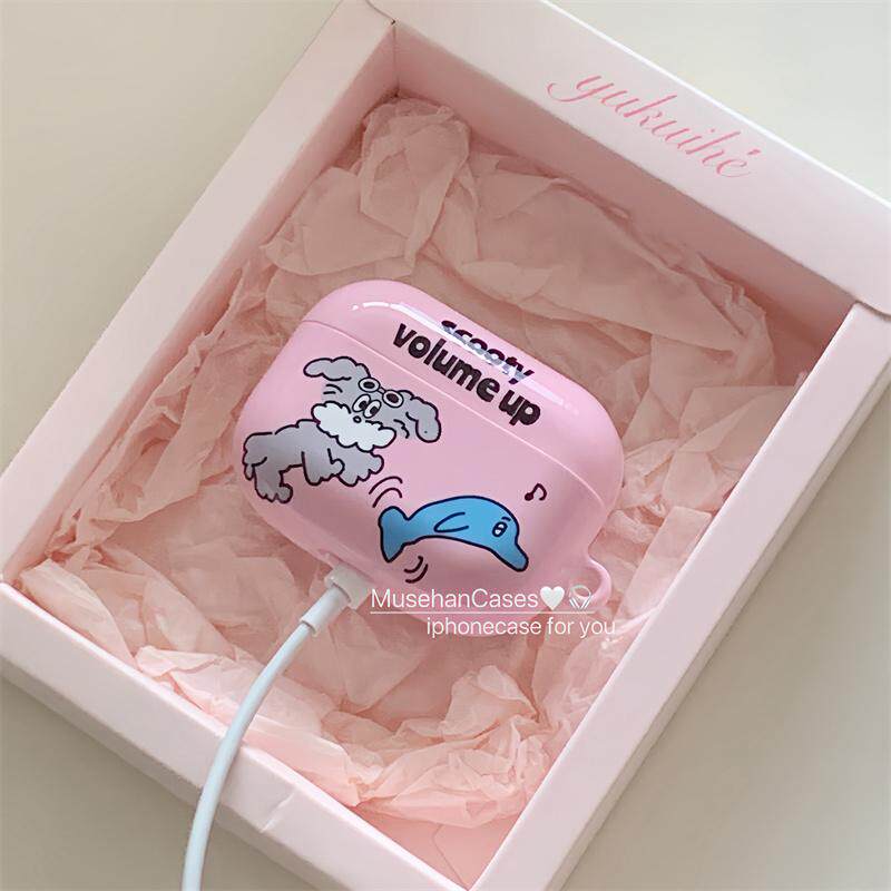 原创粉色少女卡通狗狗与小鱼韩国进口菲林适用airpods4苹果无线蓝牙耳机1/2保护套airpods pro2/3保护壳硬壳