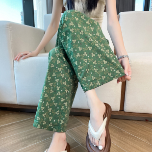 薄款 新款 宽松显瘦窄版 直筒花裤 碎花阔腿裤 子九分凉感沙滩裤 女夏季