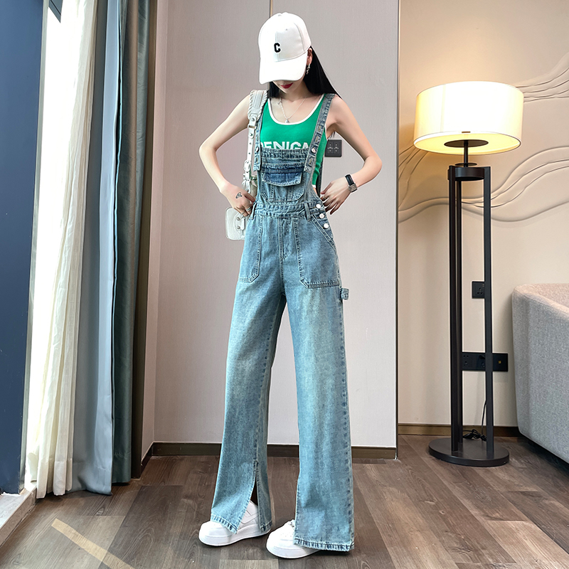 网红炸街工装牛仔背带裤女春秋2025新款高腰宽松减龄开叉阔腿长裤