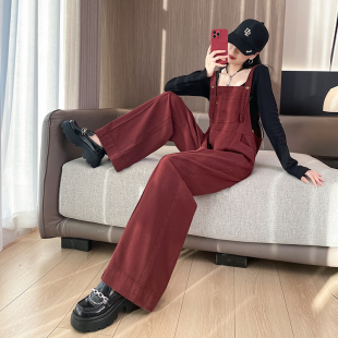 安可拉红阔腿牛仔背带裤女春秋新款减龄显瘦宽松美式复古直筒长裤